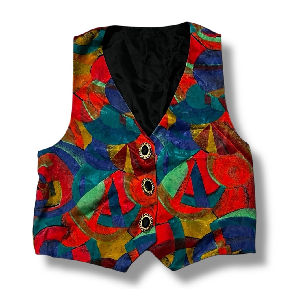 Vintage Artsy Vest Abstract Colorful Jacquard Jewel Buttons XL